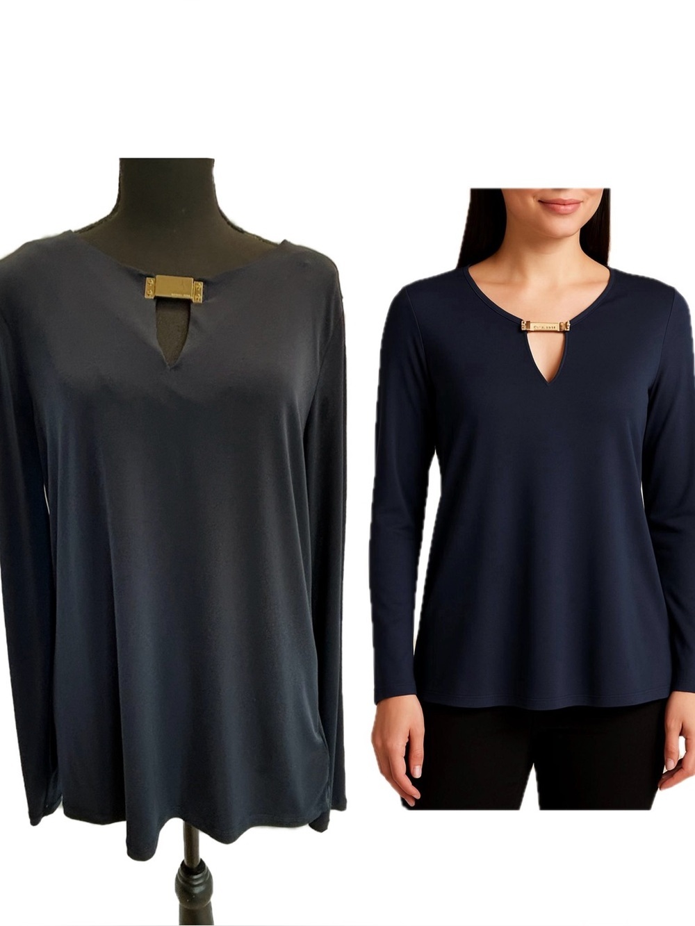 Women’s Navy Long-Sleeve Keyhole Top with Gold Accent